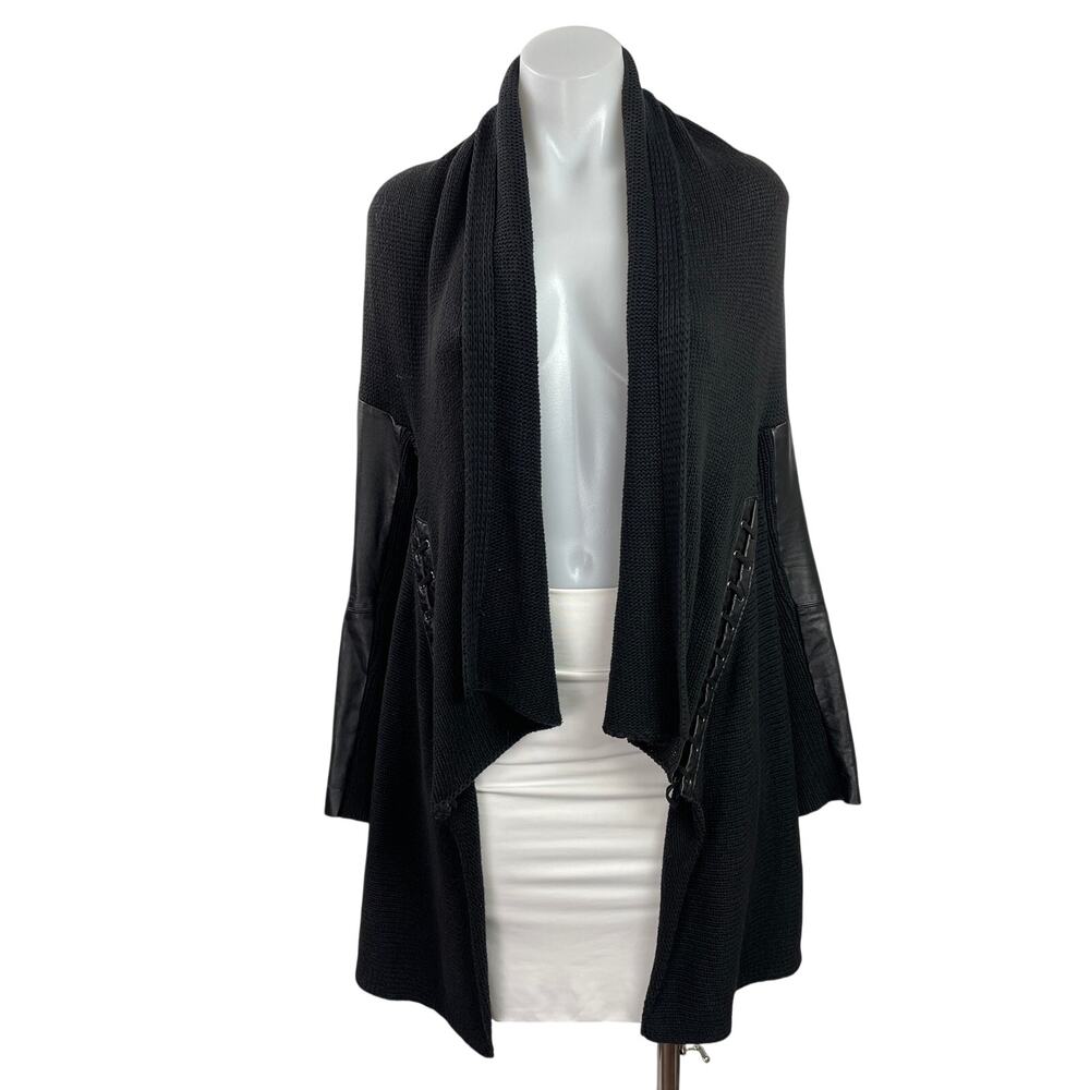 Maje Womens Black Knit Leather Long Sleeve Draoed Open Front Cardigan Sweater 3